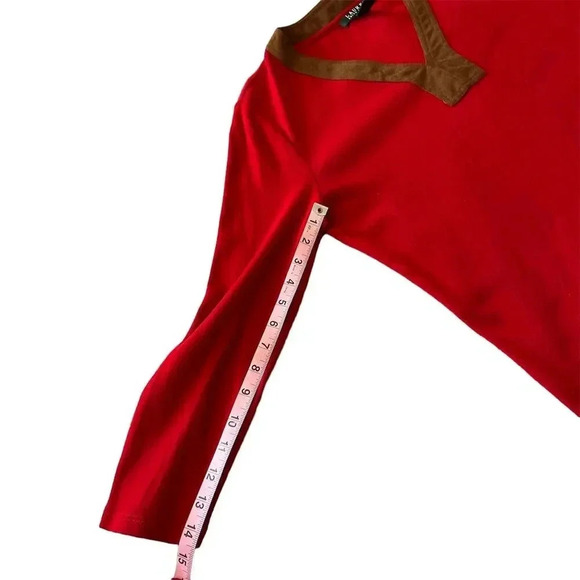 Lauren Ralph Lauren Women's Red Tunic Top L Faux Suede Trim V-Neck - Picture 7 of 13